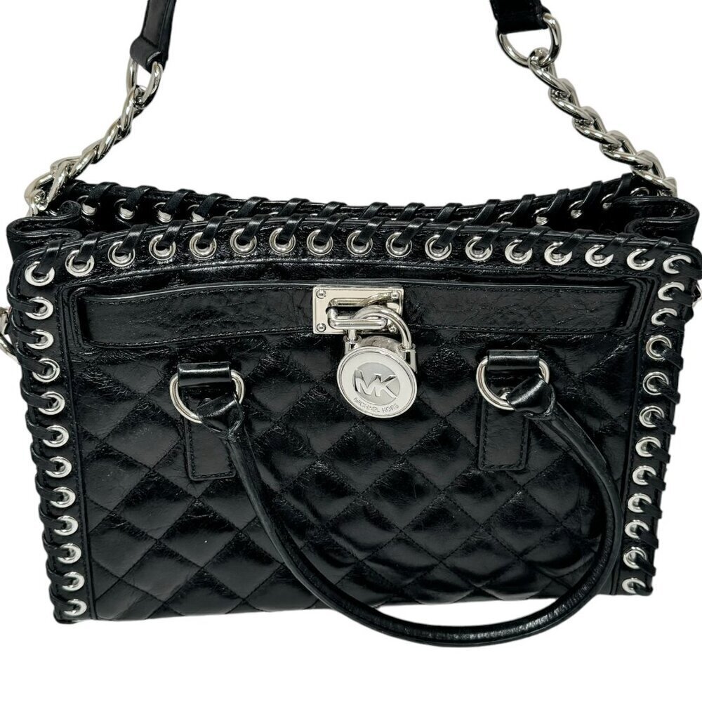 Michael Kors Hamilton‎ Hippie Grommet Quilted Tote Black & Silver 12.5 x 9 - Picture 2 of 12
